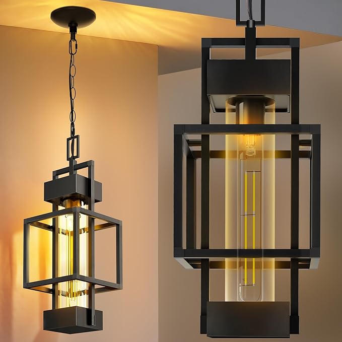 Hotsonic 15'' Outdoor Indoor Pendant Light Exterior Hanging Lantern, Modern Metal Outside Chandelier Light Fixture Black Ceiling Mount with Water Glass for Front Porch Entrance Foyer Entryway