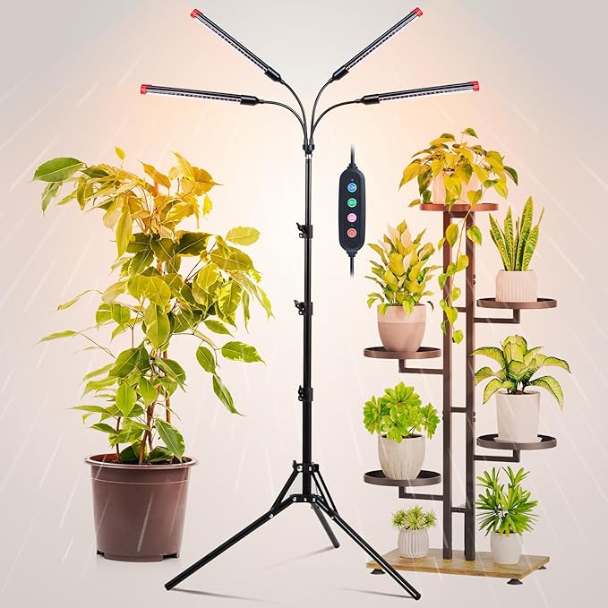 4Head Grow Light with Stand for Tall Indoor Plants, Bonsai Tree, Bright Full Spectrum Plant Growing Lamps, 4/8/12/16/20H Timer, 36 Watt Power Draw, NO Need Adapter, 360° Gooseneck