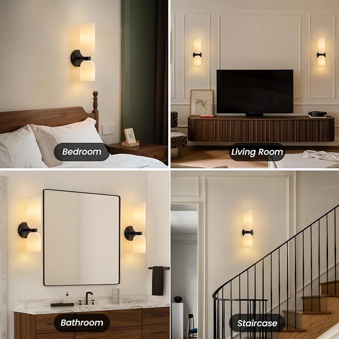 Mid Century Bathroom Wall Sconce: Set of 2 Modern Milk Glass Black Lights | Frosted Milky White Indoor Dimmable Lighting Fixture with Bulb, Brushed Brass Double Vanity Sconces for Bedroom Living Room