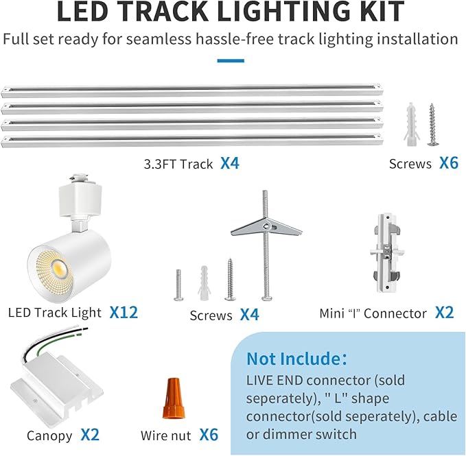 2 Pack 6-Light LED Track Lighting Kit with 6.6FT H Type Track Lighting Rail, Dimmable Track Lights Modern Kitchen Track Lighting Fixtures Spot Light 2700K-5000K, CRI90+, 36° Beam 10W 800lm, Withe