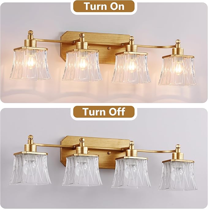 Gold Bathroom Vanity Light Fixture, 4-Light Vanity Lights for Bathroom , Matte Antique Brass Finish, With a Square Crystal Glass Shade, Vintage Bathroom Lighting Fixture over Mirror (Gold, 4 Light)