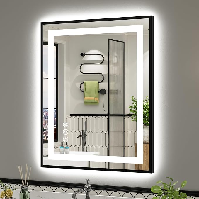 28X36 Inch LED Bathroom Mirror with Black Frame, Backlit & Front Lit | Anti-fog, 3 Color Dimmable, Memory Function, HD Reflection Tempered Glass, ETL Listed, IP54 Waterproof