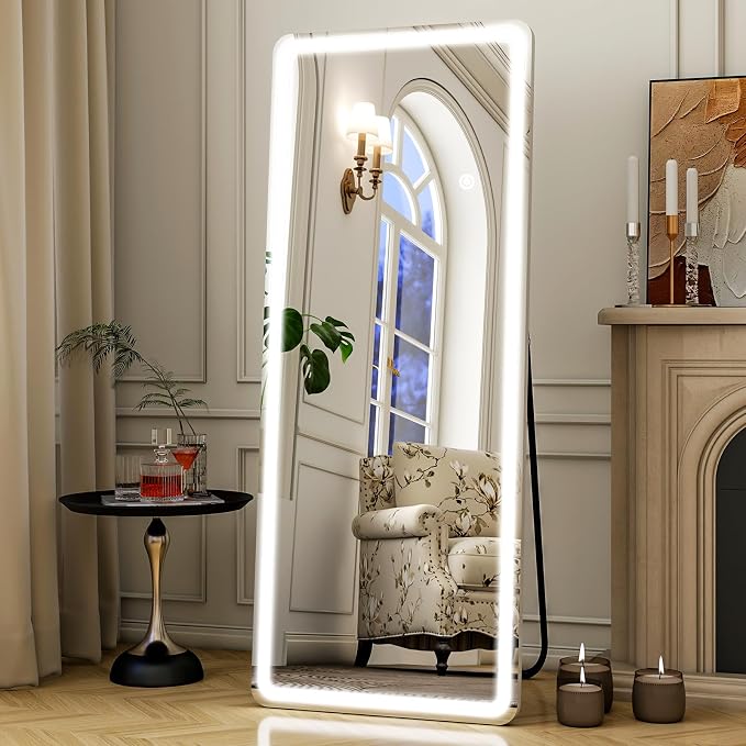 Easly 21"x56" Rectangular Full Length Mirror with LED Lights, Standing or Wall-Mounted Full Body Mirror with Stand, Dimmable 3-Color Lighted Floor Mirror for Bedroom, Dressing Room, Cloakroom