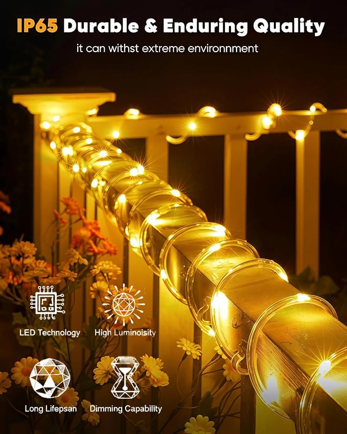 Solar Rope Lights, 33FT 100LED String Lights Outdoor, 8 Lighting Modes Solar Powered Rope Lights for Christmas Easter Party Holiday Tree Decoration, Warm White