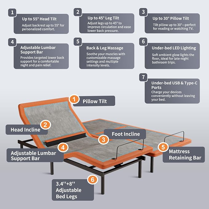 ESHINE Queen Adjustable Bed Frame with Lumbar Support Smart App | Bed Base, Head-Pillow-Tillt, Under Bed Light, Dual USB, Zero Gravity, Ergonomic Incline, Wireless Remote, 6000 Series