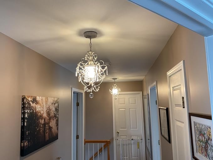 Modern Mini Chandelier,White Retro Crystal Light Fixtures Ceiling Mount 1 Light Small Crystal Chandeliers for Bedroom Elegant Hanging Lighting for Girls Room Dining Room Closet Kitchen Island