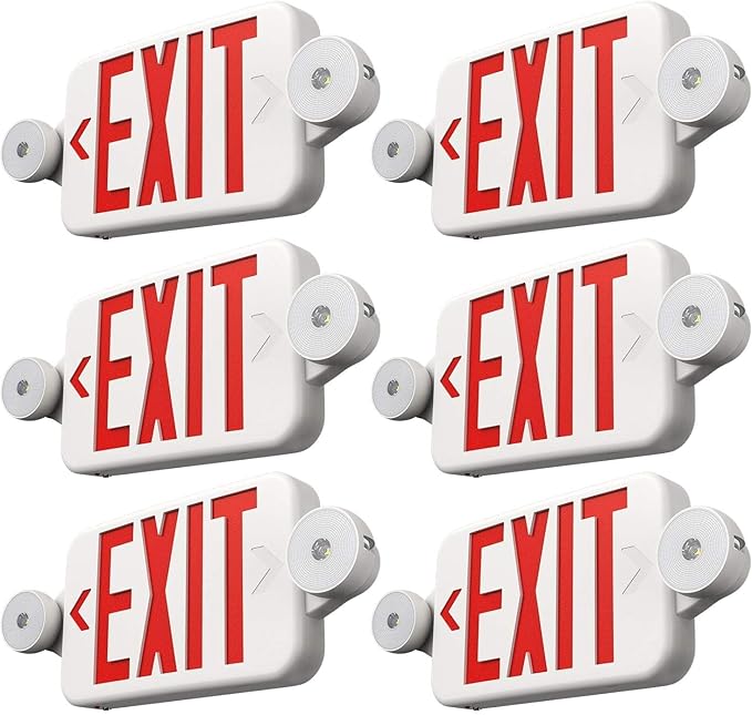 FREELICHT 6 Pack Red Exit Signs with Emergency Lights, Two LED Adjustable Head Emergency Exit Light with Battery Backup,Hard Wired,UL Listed, AC 120/277V,Exit Sign Combo for Business