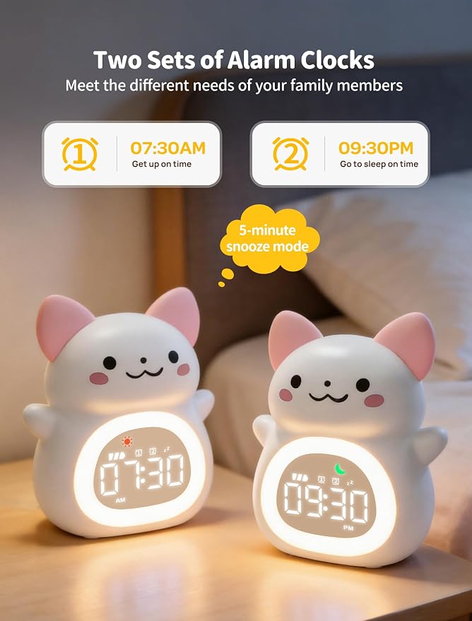 MASHI Cat Kids Alarm Clock with Time to Wake Sleep Trainer White Noise | Sun & moon wake cues, 7-color night light,Snooze， dual alarms and 6 soothing sounds help kids build healthy sleep habits