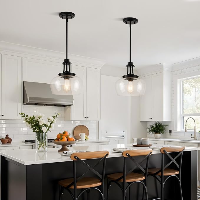 Modern Pendant Lights Kitchen Island, Matte Black Pendant Light Fixtures with 10" Clear Glass Shade, Industrial Hanging Pendant Lights Fixture for Kitchen Island, Dining Room, Bedroom, Foyer, Entryway