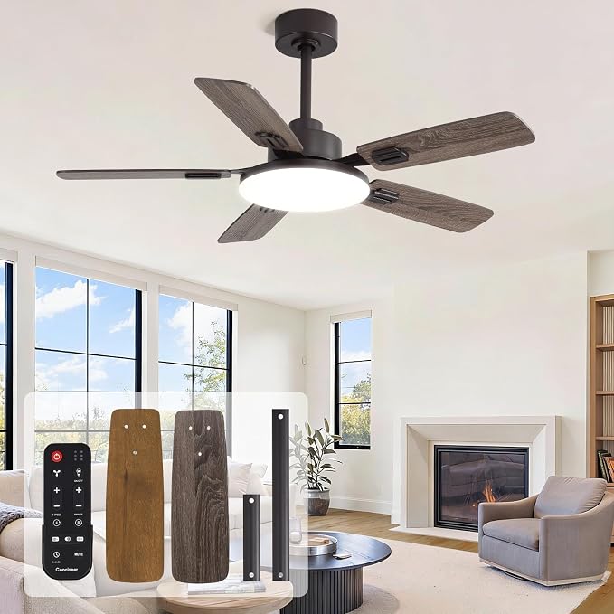 44 Inch Ceiling Fans with Lights and Remote for Bedroom Living Room Kitchen Office, Indoor/Outdoor Use, 5CCT Dimmable, Dual Color 5 Blades, 6 Speed Reversible Quiet DC Motor, Brown/Wood Grain