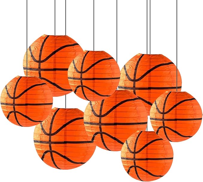 ZOOYOO Basketball Paper Lanterns, 8 Pack Sports Themed Hanging Lanterns for Basketball Birthday Party, March Madness Decorations, Classroom and Nursery Decor, 8 and 10 Inch Round Orange Lanterns