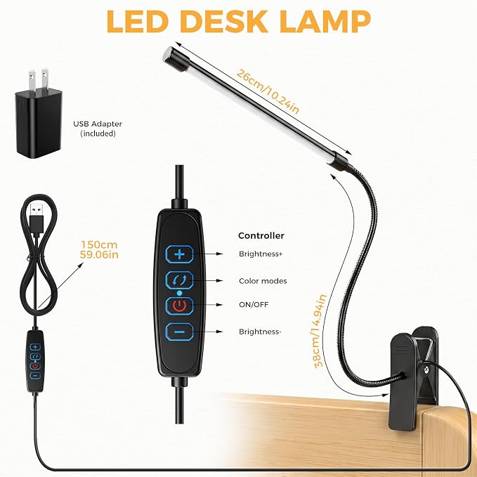 Clip on Reading Light for Books in Bed: Adjustable Dimmable Gooseneck Eye Caring LED Small Desk Table Lamps with Clamp: 3 Modes Lighting Night Lamp for Bed Headboard - Bedside（with Power Adapter）