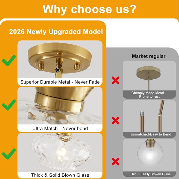 Modern Pendant Lights Kitchen Island, Brushed Gold Pendant Light Fixtures with 11" Clear Hammered Glass Shade, Industrial Hanging Pendant Lights Fixture for Kitchen Island Dining Room Hallway Entryway