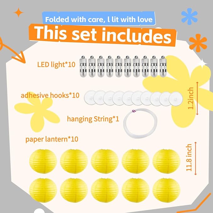Yellow Chinese Paper Lanterns with LED Lights, 10-Pack 12inch