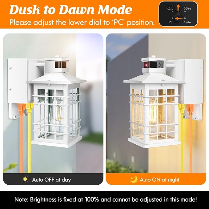 Porch Light with GFCI Outlets, White Motion Sensor Dusk to Dawn Outdoor Wall Light Fixture, 2-Pack Waterproof Outside Wall Lantern Sconce 3 Lighting Modes, Exterior Wall Light for Front Door House