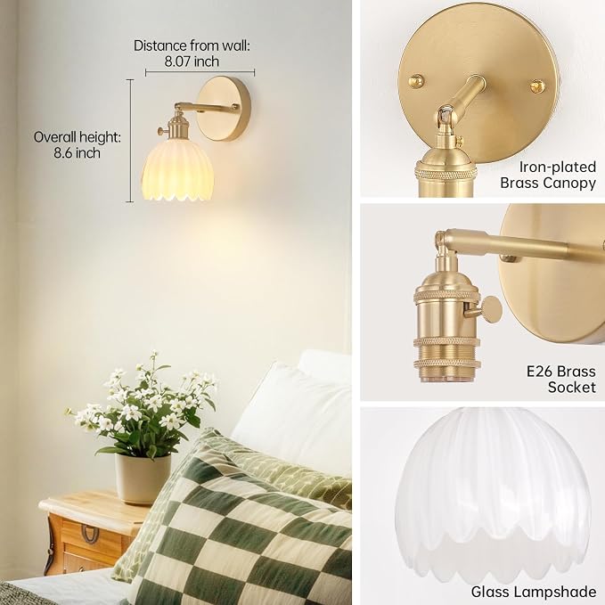 Shenmoyl Vintage Battery Operated Wall Sconce with White Tulip Glass Lampshade Rechargeable Battery Powered Wall Light with Remote Control for Bedside Bedroom Doorway