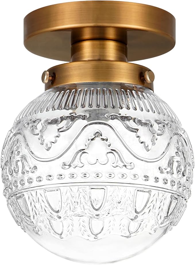 Daunton Small Semi Flush Mount Ceiling Light, Modern Globe Clear Glass Ceiling Light Fixture, Vintage Brass Gold Hallway Light Fixtures for Kitchen, Entryway, Bathroom, Closet