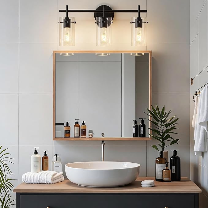 Bathroom Light Fixtures, 3-Light Matte Black Vanity Light, Black Bathroom Lights Over Mirror with Clear Glass Shade, Wall Sconces for Mirror Bedroom Living Room Hallway
