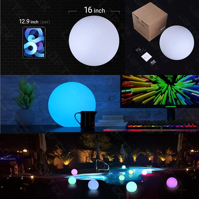 LOFTEK 16-inch Rechargeable LED Glow Ball, Waterproof Globe Lamp w/Remote | 16 Colors Change Night Light, Auto Timer, Cordless & Dimmable Large Floor Lamp for Home Patio Decor Living Room