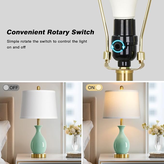 24″ Sage Green Ceramic Table Lamps Set of 2, Modern Classic Bedside Lamps for Bedroom Nightstand, Small Table Lamp for Living Room Side Table (2 LED Bulbs Included)