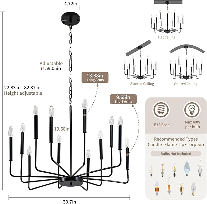 Black Chandelier, 12-Light Farmhouse Chandeliers for Dining Room, Classic Candle Ceiling Pendant Light Fixture for Living Room, Foyer, Kitchen Island, Bedroom, Entryway