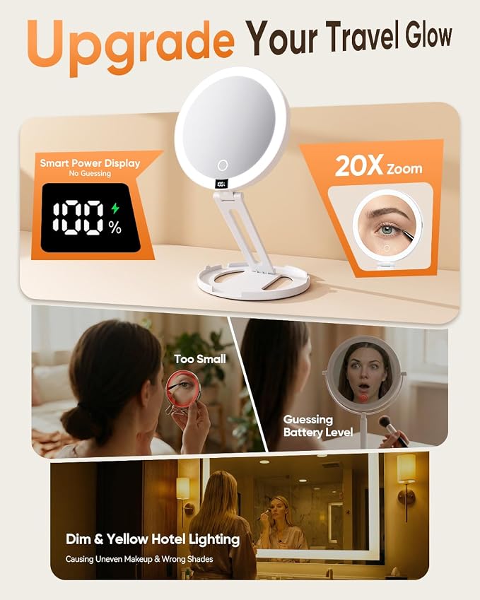 Travel Makeup Mirror with Lights (Gen 3) - 20X/1X Dual Sided Magnifying Mirror - 3 Color Lighting, CRI 95+, Rechargeable - Portable Mirror for Desk & Travel