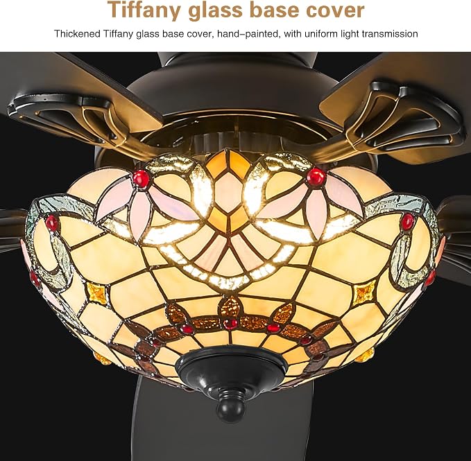Tiffany Ceiling Fans with Lights-52"Ceiling Fan Chandelier and Glass Shade | 52" Ceiling Fan Chandelier with 5 Dual-Blades and Glass Shade, 6 Speeds and Reversible, Indoor and Outdoor, Retro Style