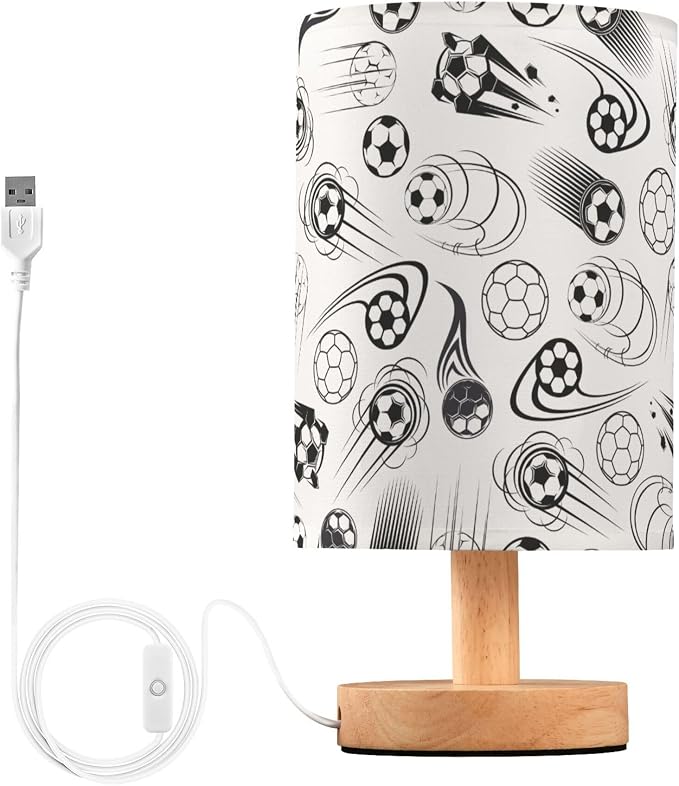 Table Lamp Black and White Soccer Ball Sport Theme American Football Pattern Nightstand Lamp with Wood Base Fabric Lamp Shade Bedside Desk Lamp for Living Room Bedroom Kids Room Office
