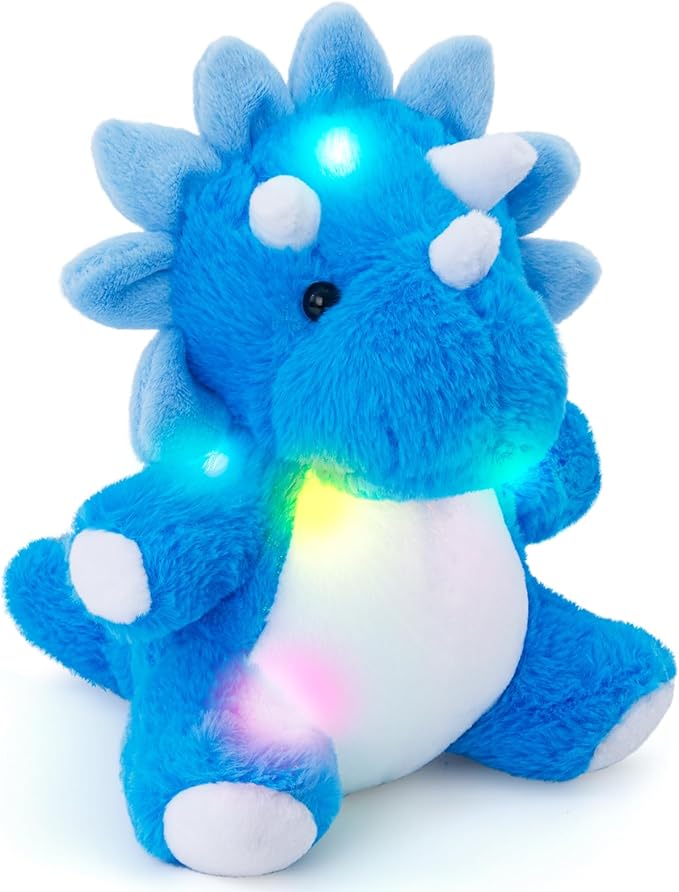 Glow Guards 12'' Light up Triceratops Dinosaur Stuffed Animal,LED Soft Dinosaur Plush Toy with Magic Night Lights&Lullaby,Birthday Children's Day for Toddler Kids (Blue, LED)