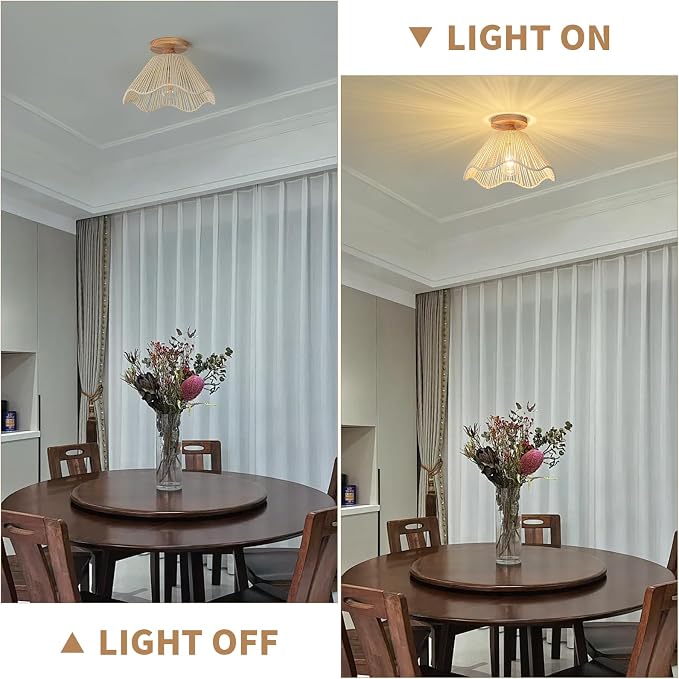 D12.5 Inch Boho Light Fixtures Flush Mount Mini Chandelier Woven Rattan Ceiling Light Fixture for Bedroom Hallway Bathroom Nursery Room