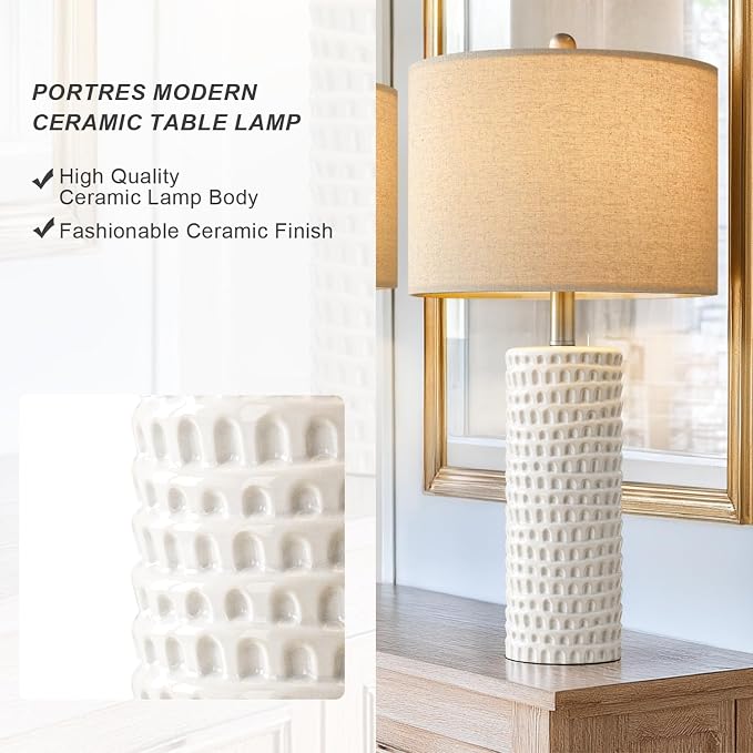 PORTRES 24" Farmhouse Ceramic Table Lamps Set of 2 for Bedroom Living Room | Bedside Lamps for Nightstand, Modern White Living Room Lamp Reading Office Dorm Accent End Table Lamps for Night Stands Decor