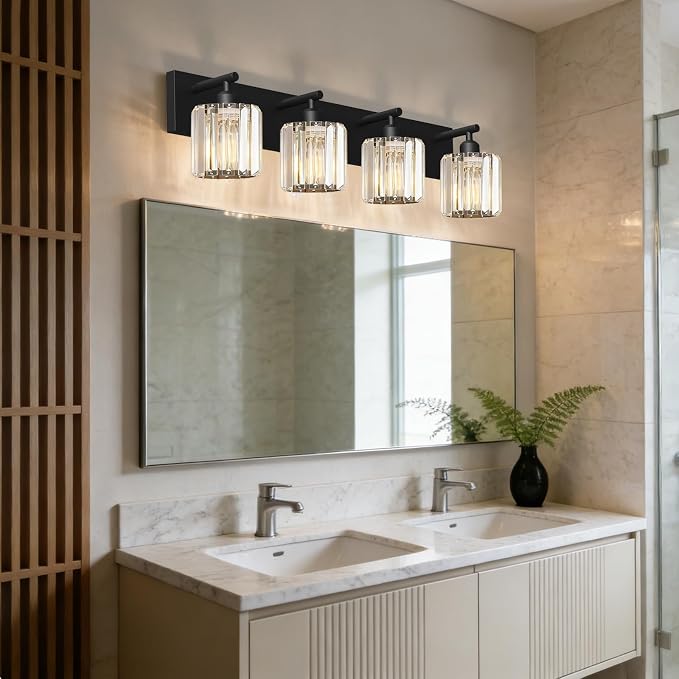 Black Crystal Bathroom Vanity Light, 4-Light Modern Bathroom Lighting Fixtures Over Mirror, Matte Black Wall Sconce Light Fixtures with Round Shade