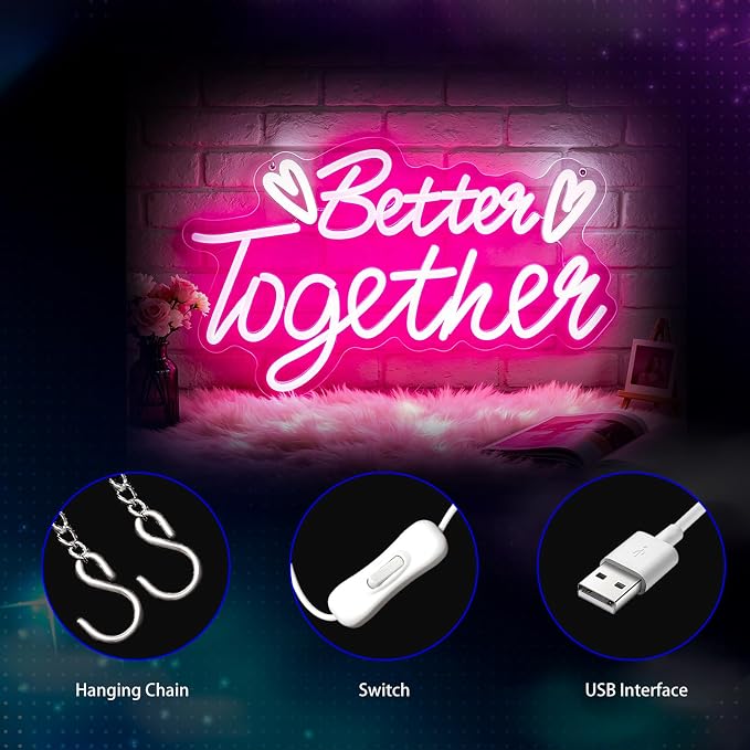 Neon Sign, Neon Signs for Wall Decor LED Signs Neon Light | Better Together Neon Sign, Pink LED Signs for Bedroom, Wedding, Valentine's Day, Business, Pink Decor, Gift, USB Powered