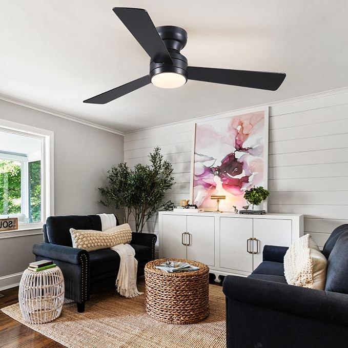 46"Black Modern Low Profile Ceiling Fans with LED Lights and Remote Control | Reversible 6 Wind Speeds, Dimmable 3 CCT LED Light, 25W Quiet DC Motor,2H Timer,3 Double-Sided Blades,for Bedroom Kitchen