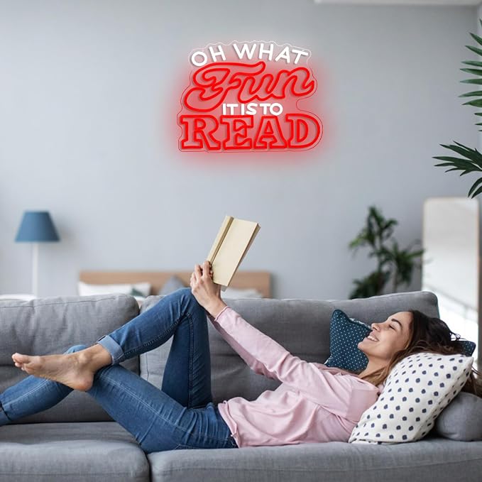 LISIGNVE Oh What Fun It Is To Read Neon Sign for Wall Decor USB Power Read Books Neon Light Dimmable Reading LED Light Up Sign for Classroom Book Lover Bedroom Bookshelf (12.6 * 16.5 Inch)