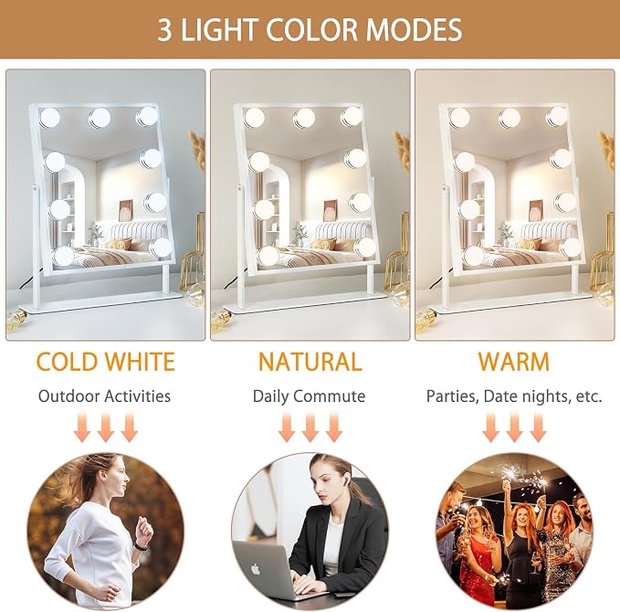 FENCHILIN Vanity Mirror with Light Lighted Makeup Mirror Vanity Smart Touch Control 3Colors Dimmable Detachable 10X Magnification Tabletop 360°Rotation(White)