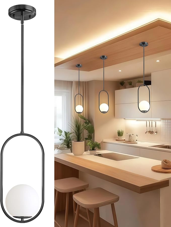 Majade Pendant Lights Kitchen Island, Mid Century Modern Pendant Light Fixtures, Black Globe Glass Pendant Lighting, Chandelier Adjustable Hanging Light for Dining Room Bathroom Bedroom