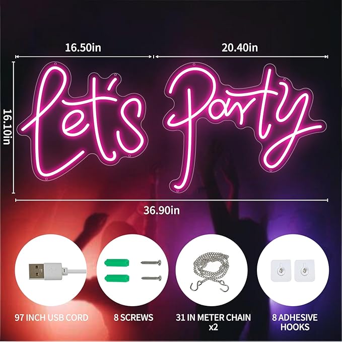 36.9x16.1 Inch Large Let's Party LED Neon Sign,Dimmable Pink Neon Light Sign for Wall Decor, Bachelorette Party, Engagement Party, Wedding, Bar & Birthday Decor