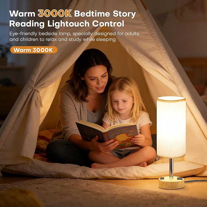 MOICO Table Lamp for Bedroom, Touch Nightstand Lamp with 10W USB Charging | 3-Way Dimmable Touch, USB-A & AC Outlet, Flicker-Free LED Bulb, 14in Fabric Shade, for Bedroom Living Room Dorm Office