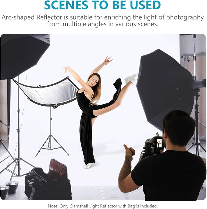 Neewer Clamshell Light Reflector Diffuser with Carrying Bag, 39”×18”/100x45cm Photography Curved Lighting Reflector for Photo Studio Photography, Black/White/Gold/Silver Colors (Stand Not Included)