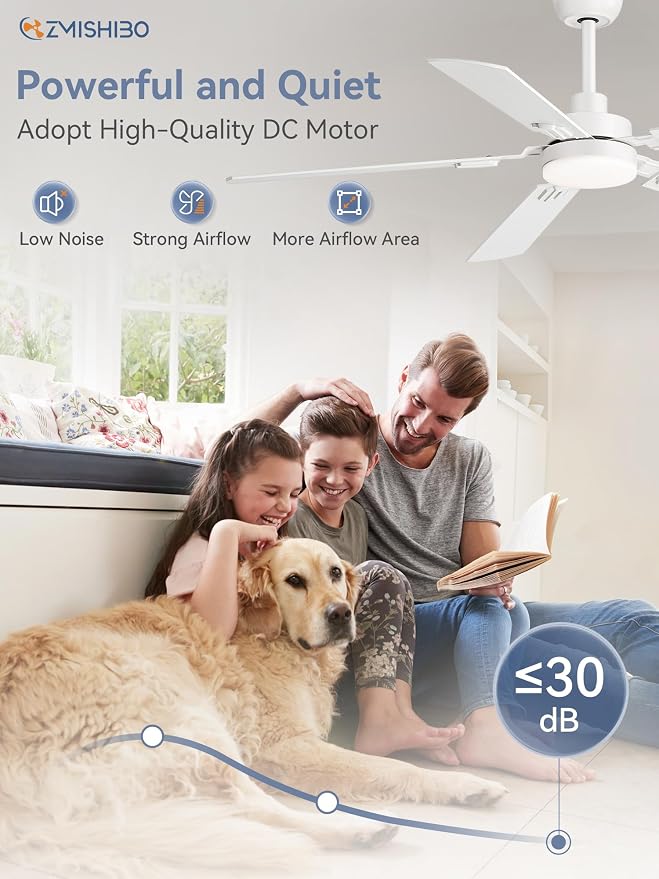 ZMISHIBO 52" Ceiling Fans with Lights and Remote, White Modern for Indoor | 24W 2400LM Bright LED, 3CCT, Dimmable, App Control, Farmhouse Dual Finish Blades, Quiet&Strong Motor for Bedroom, Living Room