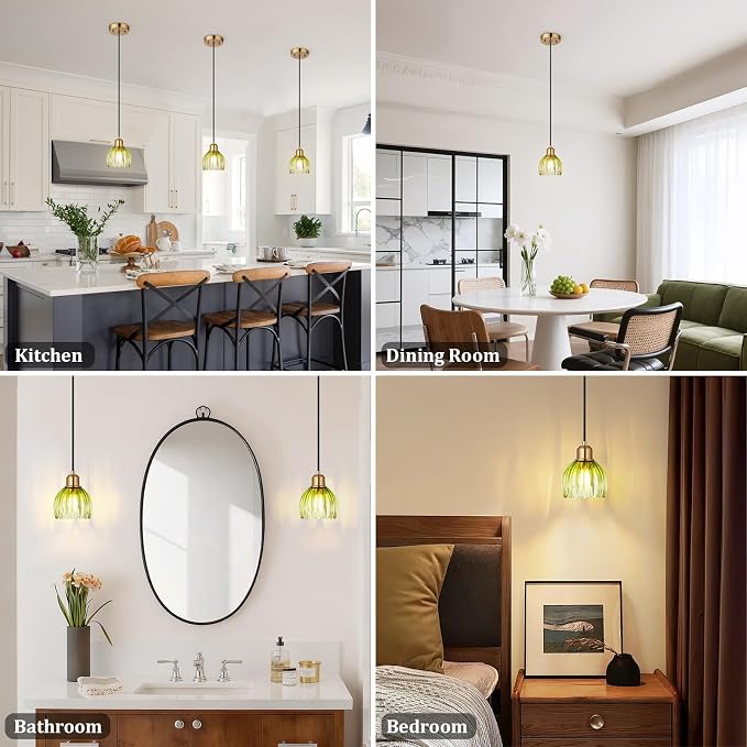 TALOYA Green Glass Pendant Light,Vintage Hanging Light with Tulip Lampshade | Adjustable Farmhouse Mini Pendant Lighting Fixture for Kitchen Island, Dining Room, Bedroom, Hallway & Bar Decor