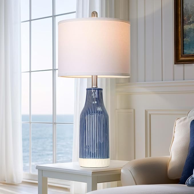 24.5" Blue Ceramic Table Lamps Set of 2 for Bedroom, Modern Table Lamps for Living Room End Table, Small Farmhouse Bedside Lamps for Nightstands (2 LED Bulbs Included)