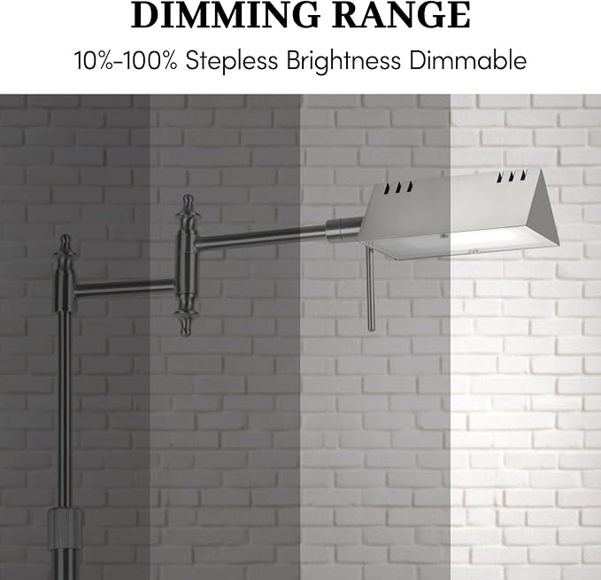 Bairth Brushed Nickel Reading Floor Lamp, Dimmable Pharmacy Standing Lamp | 3 Color Temperature, Dimmable, 17W LED, Height Adjustable, 360°Swing Arm, for Living Room, Bedroom, Office, Craft & Sewing