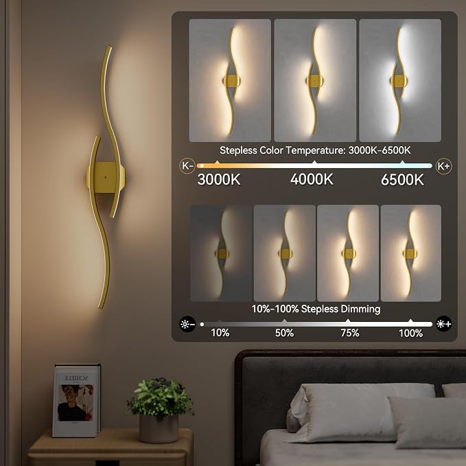 hunhun Battery Operated Wall Sconces Set of Two, Wireless Wall Sconce with Remote Control, Gold Rechargeable Sconces 3000K-6500K, RGB Dimmable Wall Lights for Living Room, Hallway, Bedroom