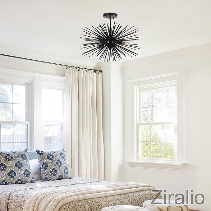 20in Black Sputnik Ceiling Light Fixtures Over Table 4-Lights Starburst Sputnik Chandelier Modern Solid Metal Semi Flush Mount Ceiling Light for Bedroom, Kitchen, Hallway, Laundry Room, E12