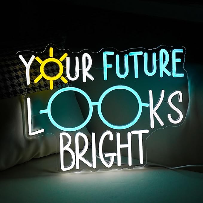 Your Future Looks Bright Neon Sign for Classroom Future Neon Light Eyeglasses Led Neon Sign Sunshine Light Up Sign for Classroom Office Bedroom Eyeglasses Store Class Office(16.5”*12.6”)