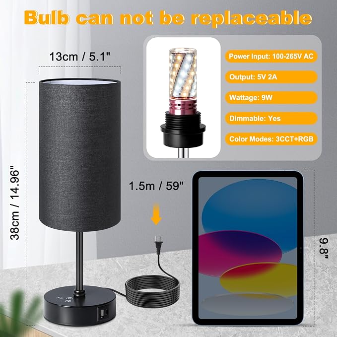 Table Lamp with 3 CCT (3000K/4500K/6500K), Stepless Dimmable Bedside Lamp with 7 Color Changing, Modern Nightstand Light with Black Shade for Bedroom, Kids Room, Home, Office