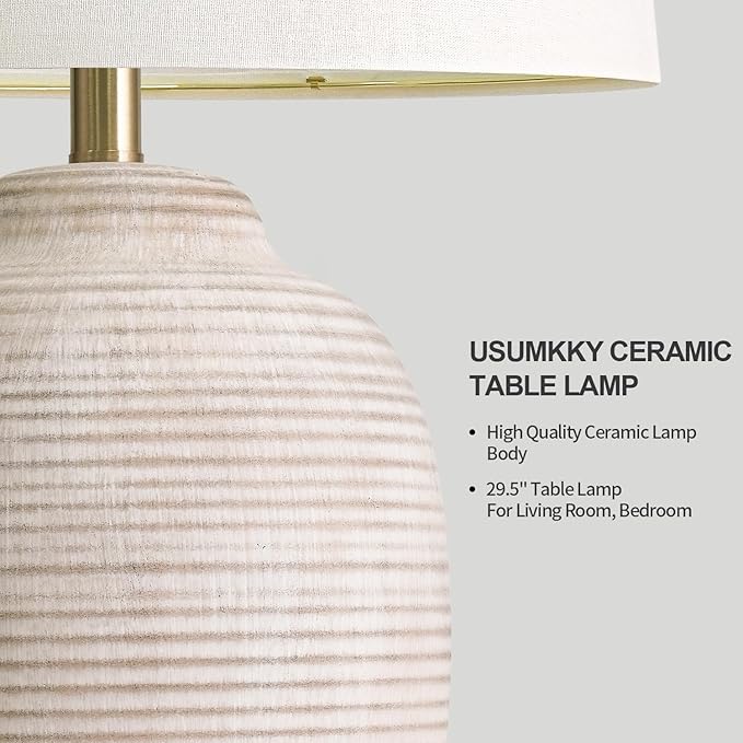 USumkky 29.5" Tall Vintage Ceramic Table Lamp with 5FT Cord - Single Large Rustic Farmhouse Bedside Lamp with Linen Shade & Natural Textured Finish, Nightstand Table Lamp for Bedroom End Table, Beige