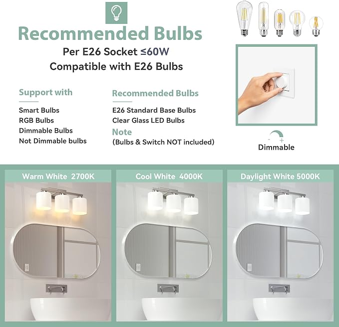 Honesorn Bathroom Light Fixtures Brushed Nickel, 3-Light Vanity Lights | Bathroom Vanity Light with Frosted Shades, Modern Bathroom Lights Over Mirror, Anti-Rust, E26 Socket (Bulbs Not Included)